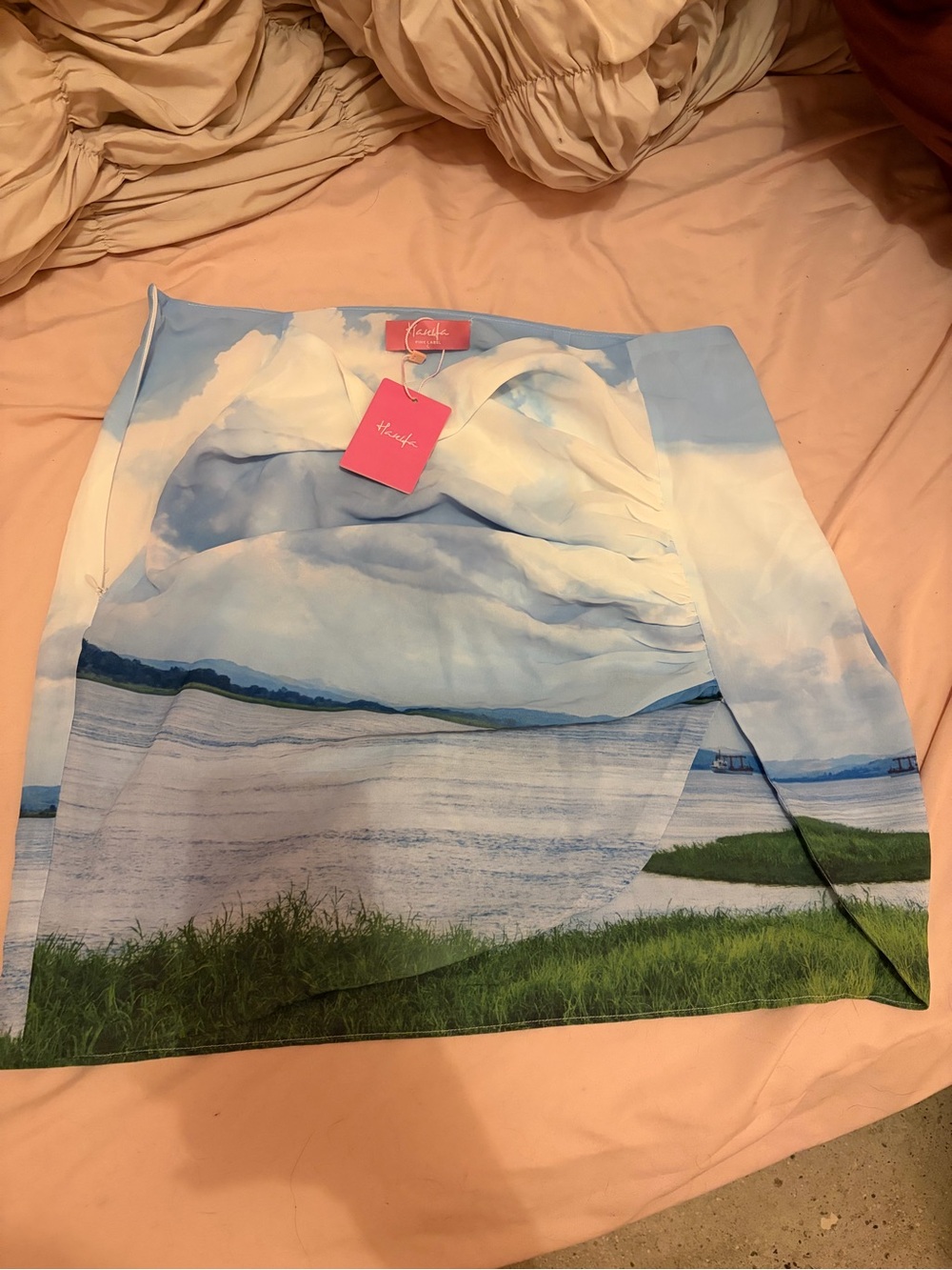 Hanifa Blue, White and Green Scenic Wrap Mini Skirt